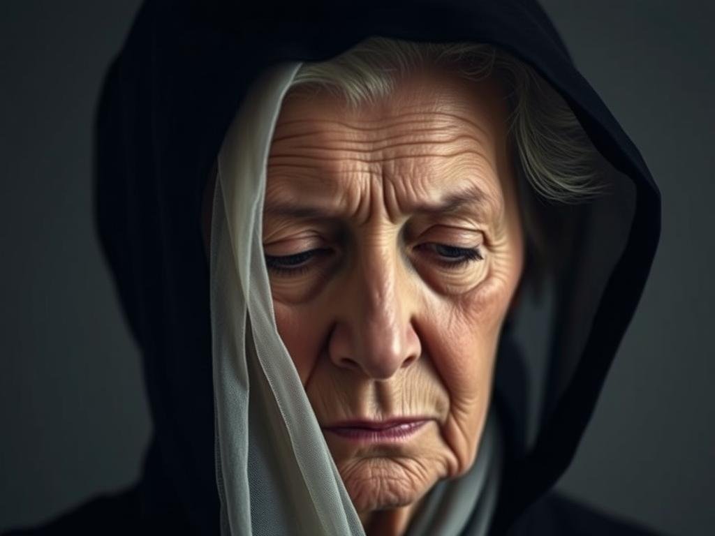 A somber headshot of an elderly woman with a pensive expression, her face partially obscured by a delicate veil. The lighting is soft and moody, casting subtle shadows that accentuate the weary lines of her face. The background is a muted, neutral tone, allowing the subject to be the focal point. The woman's gaze is downcast, hinting at the weight of a turbulent past. This image evokes a sense of melancholy and contemplation, befitting the story of Ruth Madoff, the wife of disgraced financier Bernie Madoff, and her current circumstances.