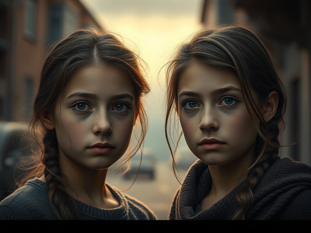 A somber, photorealistic portrait depicting two young girls, Zemfira Mukhtaro, 12, and Ebba Morina, 13, their faces rendered in delicate detail. Soft, warm lighting illuminates their serene expressions, creating an atmosphere of quiet contemplation. The background is a muted, blurred urban landscape, focusing the viewer's attention on the subjects. The composition is balanced, with the girls positioned centrally, conveying a sense of dignity and reverence. Subtle textures and shadows add depth and realism to the image, capturing the weight of this tragic loss.