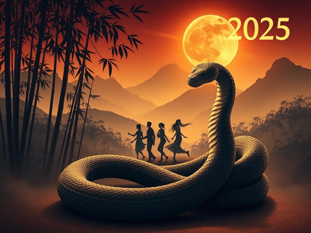 A sophisticated and enigmatic scene of the Lunar New Year 2025, the Year of the Snake. In the foreground, a coiled serpent elegantly unfurls, its scales glistening with an iridescent sheen. The creature exudes an air of mystery and cunning, symbolic of the personalities and traits of those born in this auspicious year. In the middle ground, a group of stylized human figures move with a fluid, serpentine grace, their faces and body language reflecting the intuitive, adaptable nature of the Snake. The background depicts a lush, dreamlike landscape of towering bamboo forests, misty mountains, and a glowing, crescent moon - a serene, contemplative setting that complements the introspective, intricate nature of the Snake. Warm, atmospheric lighting suffuses the scene, creating a sense of harmony and balance.