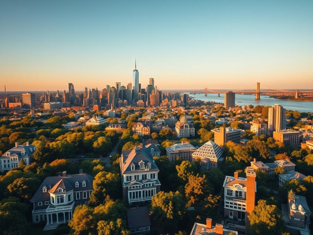 A sprawling aerial view of New York City's wealthiest neighborhoods, bathed in warm, golden afternoon light. In the foreground, palatial townhomes and high-rise condominiums with sleek, modern architecture dot the landscape. Lush, manicured greenery and private gardens surround these exclusive residences. In the middle ground, iconic skyscrapers of Manhattan's financial district rise up, their glass facades glimmering. The background is framed by the iconic silhouette of the Brooklyn Bridge, with the East River winding between the boroughs. The overall scene conveys a sense of opulence, privilege and the lavish lifestyles of New York's elite. A sprawling aerial view of New York City's wealthiest neighborhoods, bathed in warm, golden afternoon light. In the foreground, palatial townhomes and high-rise condominiums with sleek, modern architecture dot the landscape. Lush, manicured greenery and private gardens surround these exclusive residences. In the middle ground, iconic skyscrapers of Manhattan's financial district rise up, their glass facades glimmering. The background is framed by the iconic silhouette of the Brooklyn Bridge, with the East River winding between the boroughs. The overall scene conveys a sense of opulence, privilege and the lavish lifestyles of New York's elite.