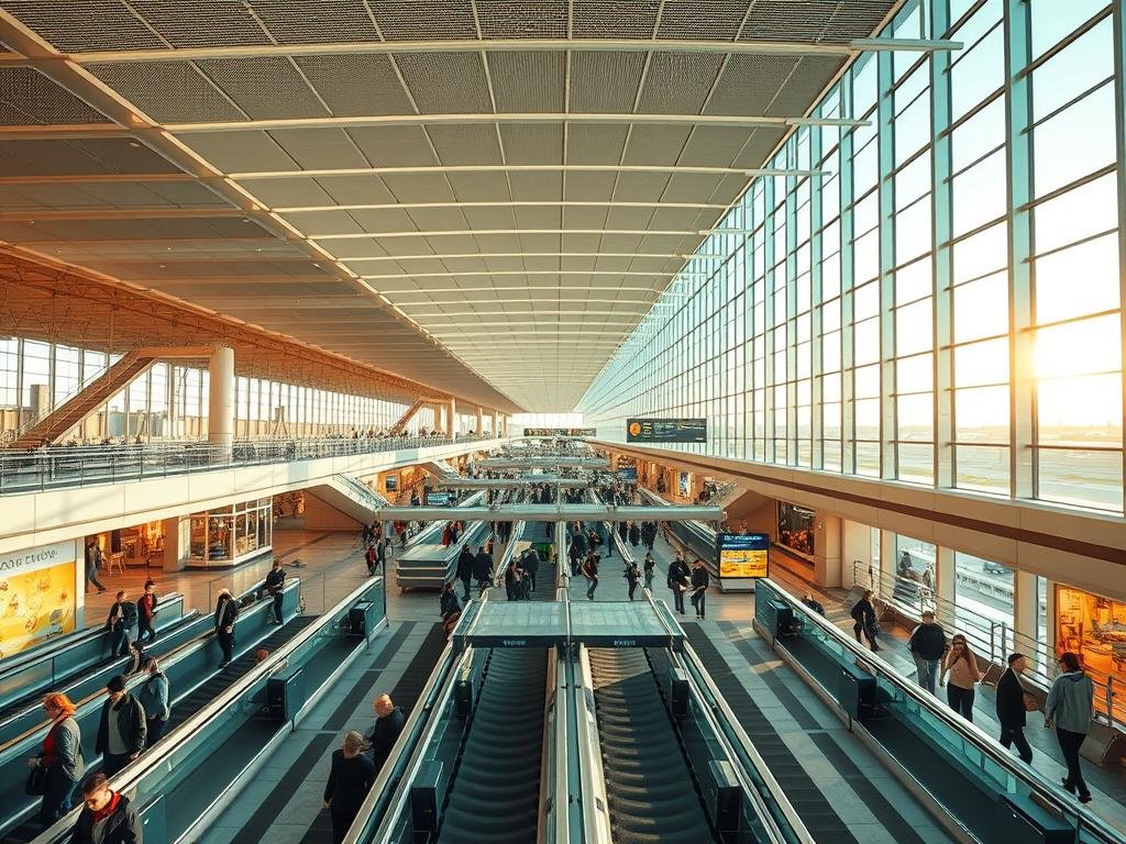A sprawling airport terminal, bathed in the warm glow of natural light filtering through expansive glass walls. In the foreground, a security checkpoint bustles with travellers navigating the screening process, conveyor belts and metal detectors creating a sense of heightened vigilance. The middle ground showcases the terminal's main concourse, lined with bustling shops and eateries, while in the distance, passengers hurry towards their gates, a blend of urgency and anticipation. The scene is captured with a wide-angle lens, emphasizing the scale and complexity of the airport environment, with careful attention to the architectural details, signage, and security infrastructure that shape the experience of access and safety.