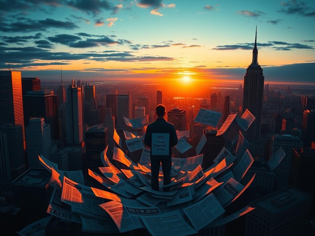 A sprawling cityscape at dusk, with skyscrapers and government buildings casting long shadows. In the foreground, a swirling vortex of headlines and news clippings, their text obscured, symbolizing the myths and misinformation surrounding federal direct deposit policies. Amidst the chaos, a single figure stands resolute, holding a document labeled "2025 Federal Direct Deposit Update". The scene is illuminated by a warm, golden glow, suggesting an atmosphere of uncertainty and unease. The overall composition conveys the complexities and challenges surrounding the subject matter.
