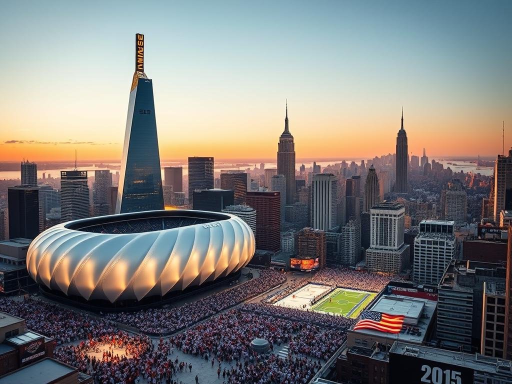A sprawling metropolis, New York City shines as a beacon of sports glory in 2025. In the foreground, a sleek, modern stadium stands tall, its façade adorned with the logos of the city's elite teams. Surrounding it, a vibrant mosaic of sports venues, each a testament to the passion and prowess of its respective discipline - from the iconic basketball arena to the gleaming tennis courts and the roaring rinks of hockey. The middle ground is a bustling tapestry of sports enthusiasts, their jerseys and flags waving proudly, capturing the electric energy that pulses through the city. In the distance, the iconic skyline of Manhattan serves as a majestic backdrop, a visual symphony of skyscrapers and landmarks that elevate New York's stature as a premier sports destination. Soft, warm lighting bathes the scene, imbuing it with a sense of celebration and triumph, as the city proudly showcases its athletic achievements and solidifies its position as one of the top sports cities in America.