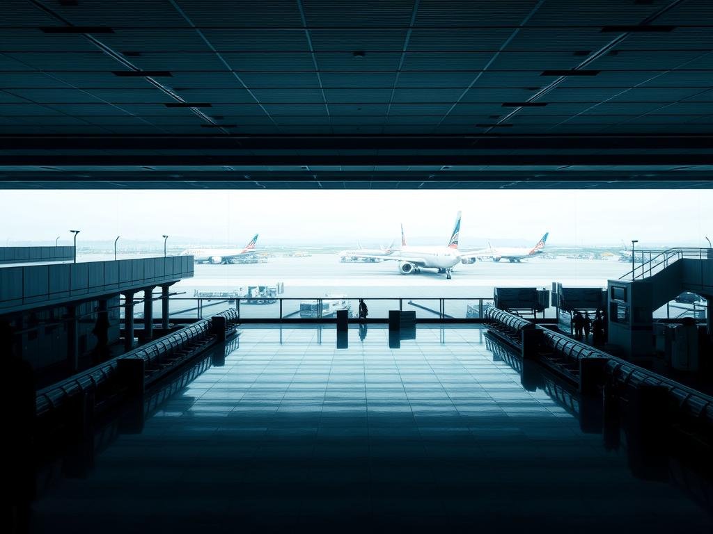 A stark, architectural landscape of an airport terminal during a period of flight reductions. The foreground features a long, empty departure lounge with sparse travelers, conveying a sense of reduced activity and a somber atmosphere. The middle ground showcases a row of closed boarding gates, their jetways receded, symbolizing the curtailed flight operations. In the background, a panoramic view of the airfield reveals a handful of grounded aircraft, their engines silent, reflecting the depth of the cutbacks. The lighting is muted, with a cool, bluish tone, emphasizing the melancholic mood. The scene is captured through a wide-angle lens, heightening the sense of scale and the stark, desolate nature of the space.