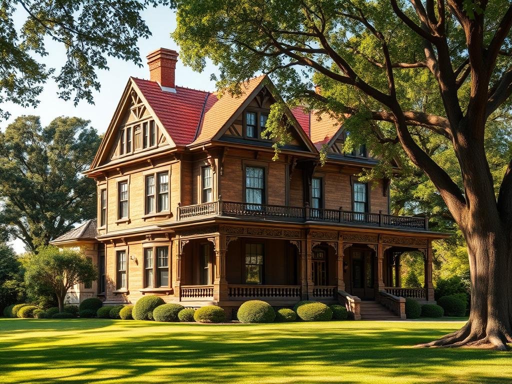 A stately Queen Anne-style manor house, its ornate facade adorned with intricate woodwork, decorative gables, and a wraparound porch. The building stands proudly on a well-manicured lawn, surrounded by lush foliage and mature trees that cast dappled shadows across the scene. Warm afternoon sunlight bathes the structure, highlighting its varied textures and hues, from the rich, weathered wood to the vibrant red-orange roof tiles. The architecture conveys a sense of timeless elegance and historic grandeur, befitting a prestigious landmark. The overall composition evokes a serene, picturesque atmosphere, inviting the viewer to step back in time and admire the captivating beauty of this quintessential Queen Anne architectural treasure.