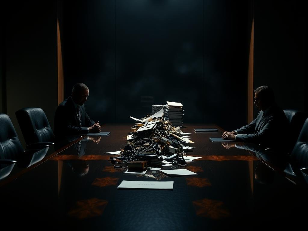A striking visual representation of "delay, deny, defend" in a corporate investigation setting. A boardroom table occupies the foreground, its polished surface reflecting the intense expressions of three shadowy figures seated around it. The lighting is stark and dramatic, casting deep shadows that symbolize the evasive and obstructive tactics at play. In the middle ground, a tangle of legal documents and files hint at the complexity of the case. The background is shrouded in an ominous haze, conveying the sense of uncertainty and high stakes involved. The overall atmosphere is one of tension, power dynamics, and a battle of wills, perfectly encapsulating the meaning of "delay, deny, defend" in the context of a high-profile CEO investigation.