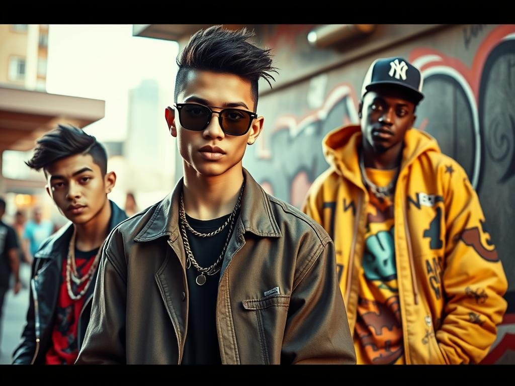 A stylish trio of Gen Alpha youth in a vibrant urban setting, radiating charisma and confidence. In the foreground, a fashionable young person, "Rizz", exudes effortless cool with a captivating gaze. Beside them, "Rizzler" strikes a dynamic pose, their vibrant streetwear complementing the scene. In the background, a third figure, "Ohio Rizz", leans against a graffiti-adorned wall, embodying a distinctive regional flair. Warm lighting bathes the composition, accentuating the subjects' youthful energy and the pulsing rhythms of the city. An atmospheric image that captures the essence of charismatic Gen Alpha slang and culture.