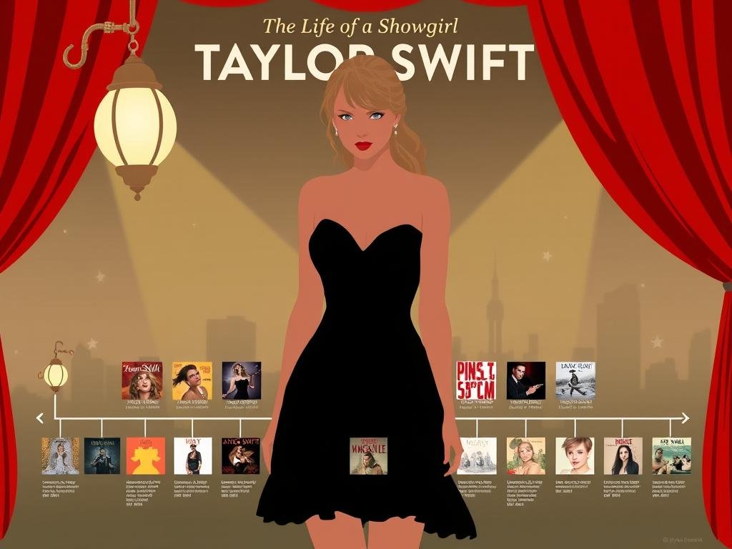 A stylized timeline illustration depicting the release history of Taylor Swift's album "The Life of a Showgirl". In the foreground, an elegant silhouette of Taylor Swift stands against a backdrop of vintage theatrical lighting fixtures and plush red curtains, symbolizing the glamour and spectacle of her musical career. The middle ground features a dynamic timeline with key dates and album covers arranged in a visually striking manner, conveying the rapid pace of her artistic output. The background features a hazy cityscape, evoking the energy and excitement of the entertainment industry. The overall aesthetic is a blend of vintage showbiz charm and modern digital illustration, capturing the essence of Taylor Swift's iconic "Showgirl" persona.