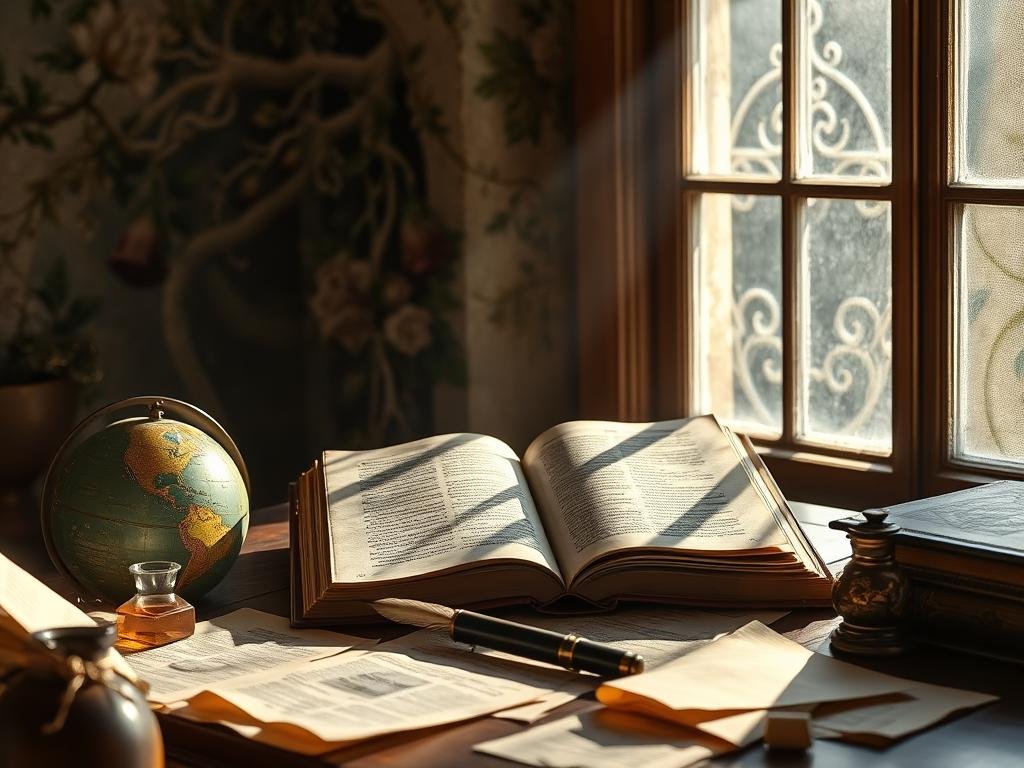 A sunlit study with an old, leather-bound book open on a wooden desk. Beside it, a quill pen and inkwell, casting long shadows. In the foreground, a globe and scattered parchments, hinting at the study of language and etymology. The background is a tapestry of intertwining vines and flowers, symbolizing the growth and evolution of words over time. Soft, warm lighting illuminates the scene, creating a contemplative atmosphere. The focal point is the open book, inviting the viewer to explore the origins and transformations of the word "Good" as it relates to the meaning of "Good Friday".