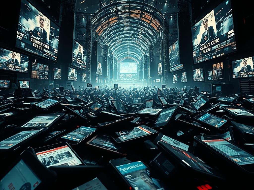 A surreal and unsettling scene of viral footage, misinformation, and fact-checks. In the foreground, a jumble of smartphones and tablets, their screens flickering with distorted images and headlines. The middle ground is filled with a swirling vortex of digital noise, glitching and fragmenting the flow of information. In the background, a dystopian landscape of towering screens and data hubs, casting an eerie glow over the entire scene. The lighting is harsh and unforgiving, creating deep shadows and stark contrasts that heighten the sense of uncertainty and unease. The overall atmosphere is one of overwhelming information overload and the blurring of truth and fiction.
