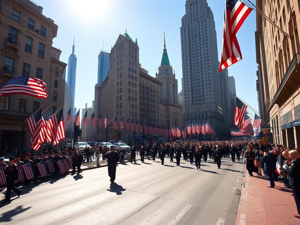 A sweeping, sun-dappled view of Fifth Avenue, the iconic New York City thoroughfare, on a crisp Veterans Day morning. Rows of American flags flutter proudly along the sidewalks, casting long shadows across the bustling parade route. In the foreground, a mix of veterans, marching bands, and patriotic floats make their way down the broad avenue, captured through a wide-angle lens that emphasizes the grand scale of the event. Towering skyscrapers and historic buildings line the street in the background, creating a dramatic urban backdrop for this solemn celebration of service and sacrifice.