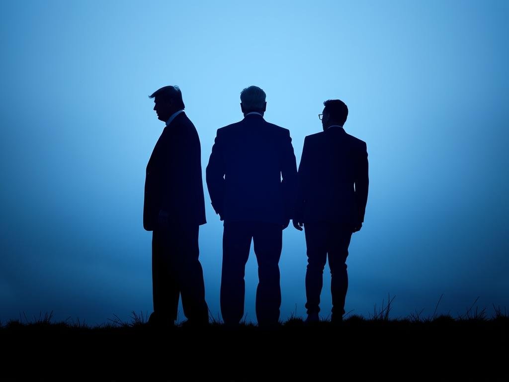 A towering image depicting the stark partisan divide in American politics. In the foreground, three silhouetted figures - a Republican, a Democrat, and an Independent - stand with their backs turned, their bodies angled away from each other, conveying the growing distance between them. In the middle ground, the figures are bathed in a cool, blue-tinted light, symbolizing the chilly political climate. The background is a hazy, monochromatic landscape, devoid of any clear landmarks or points of reference, suggesting the lack of common ground and shared vision. The overall mood is one of tension, isolation, and the erosion of national unity, captured through a cinematic, high-contrast composition.