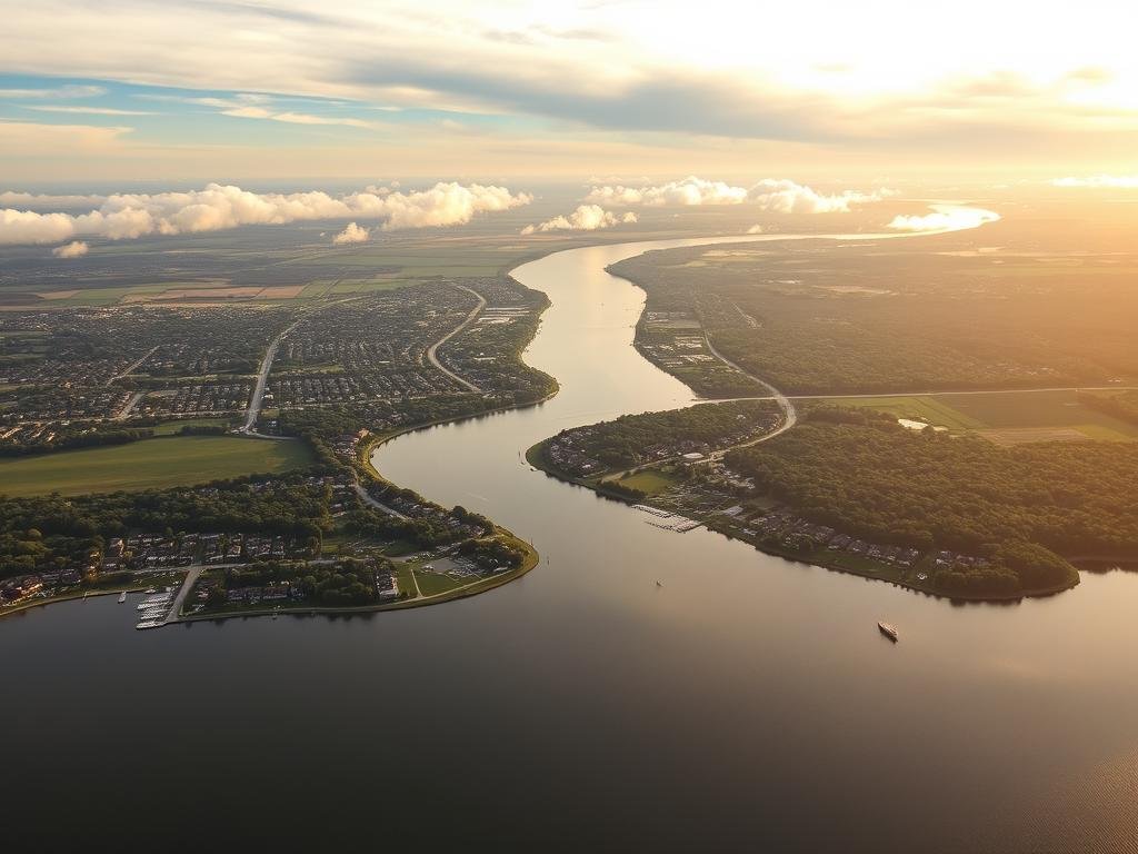 A tranquil aerial view of Long Island's eastern suburbs, with the serene waterways of Wading River, Huntington, Babylon, Port Jefferson, and Medford unfurling beneath wispy clouds. Lush green landscapes dotted with residential neighborhoods and small marinas hug the gently meandering coastline, creating a picturesque tableau of suburban Long Island life. Warm, golden sunlight filters through the sky, casting a soft, nostalgic glow over the scene. The composition captures the harmonious coexistence of nature and civilization, inviting the viewer to immerse themselves in the quiet charm of this picturesque region.