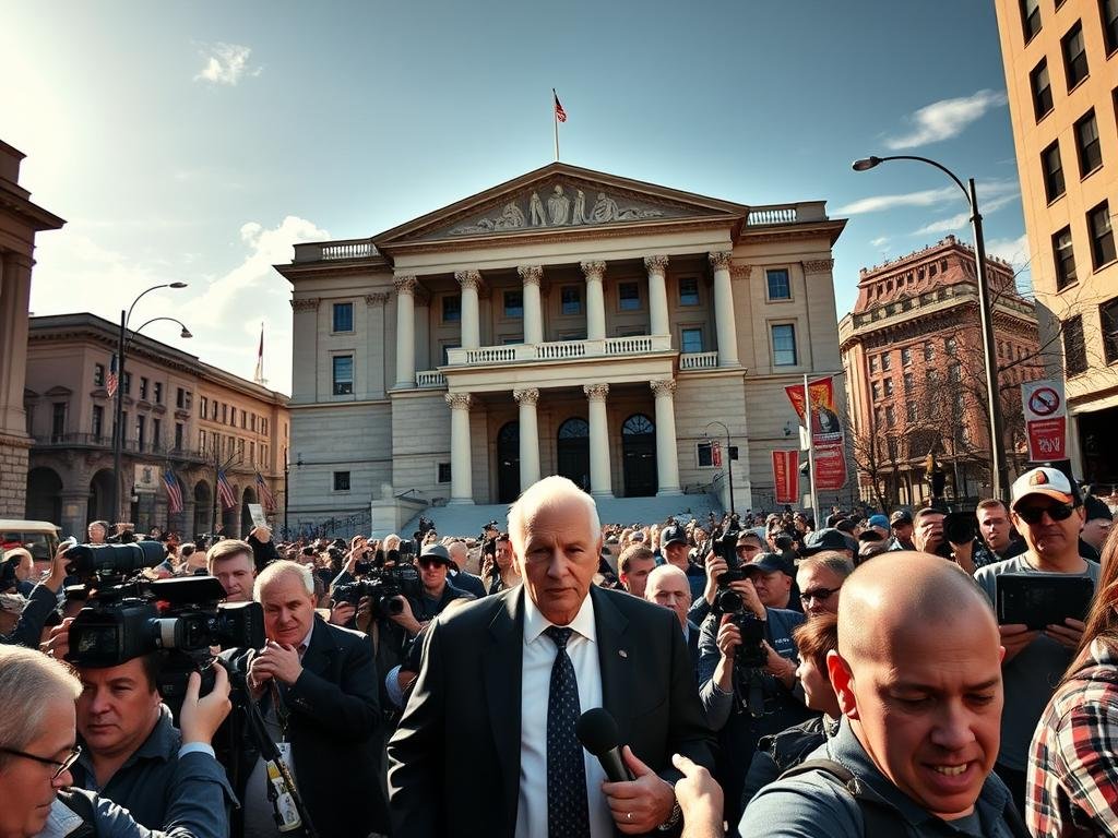 A vast, imposing courthouse looming in the background, its grand facade casting long shadows across the bustling city streets. In the foreground, a swarm of reporters and onlookers, cameras and microphones poised, capturing the frenetic energy of a high-profile legal case. Amid the chaos, a lone figure, shrouded in an aura of gravitas, navigates the gauntlet of scrutiny, their expression conveying the weight of the moment. The scene radiates a palpable sense of tension, the air thick with the anticipation of a climactic resolution, as the broader legal landscape unfolds, a tapestry of lawsuits, public evidence, and reputational fallout.