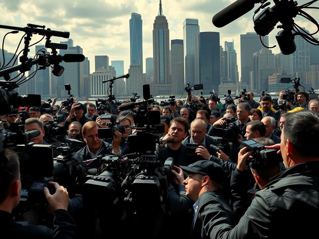A vast media landscape, with cameras and microphones capturing a dynamic scene. Reporters scrambling to cover the evolving narrative, their faces etched with intent and purpose. In the background, a cityscape of towering skyscrapers, the emblematic backdrop of the urban drama unfolding. Dramatic lighting casts sharp shadows, imbuing the scene with a sense of urgency and tension. The image conveys the relentless pursuit of information, the constant shifting of perspectives, and the weight of public scrutiny in a high-profile case.