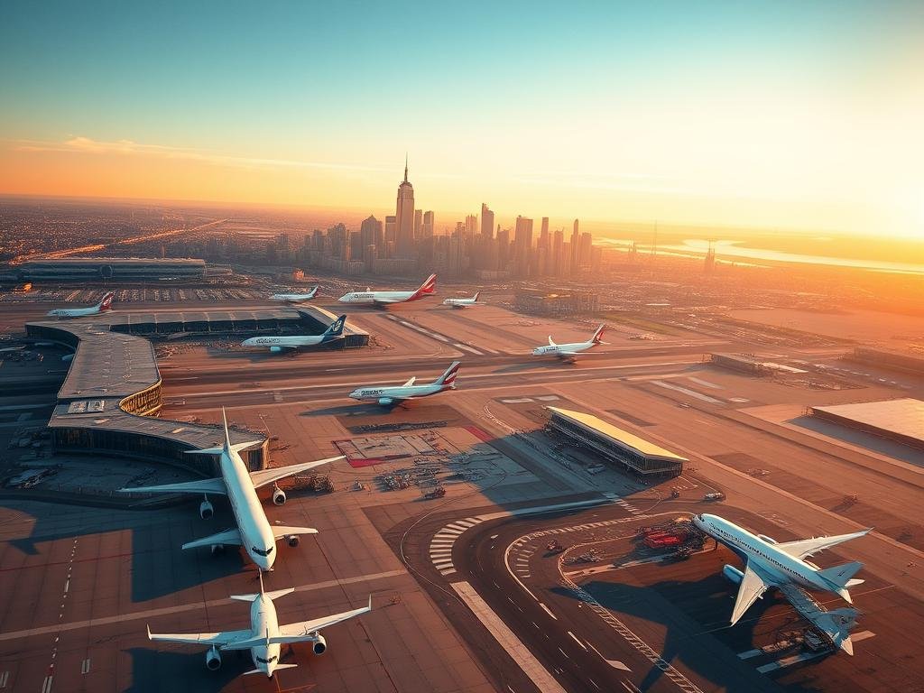 A vibrant aerial view of four major New York-area airports - John F. Kennedy International Airport, LaGuardia Airport, Newark Liberty International Airport, and Teterboro Airport. The scene is bathed in warm, golden-hour lighting, casting long shadows across the runways and terminal buildings. Sleek commercial airliners and private jets dot the tarmacs, capturing the hustle and bustle of these vital transportation hubs. In the background, the iconic skyline of New York City rises, a testament to the airports' importance as gateways to the region. The composition is crisp and cinematic, drawing the viewer's eye through the various elements of this bustling aviation landscape.