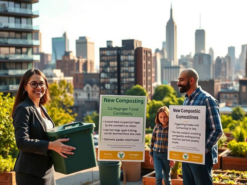 A vibrant cityscape in New York City showcasing a diverse group of residents, property managers, and building owners engaged in responsible composting activities. In the foreground, a smiling woman in professional business attire holds a compost bin, while a man in a tidy casual outfit discusses composting guidelines with a family nearby. The middle ground features a modern apartment building with clear signage about new composting rules. In the background, the bustling city skyline contrasts with greenery and community garden spaces, symbolizing sustainability. The lighting is warm and inviting, capturing an early afternoon glow. The overall mood conveys a sense of community and responsibility, emphasizing collaboration toward efficient waste management. A vibrant cityscape in New York City showcasing a diverse group of residents, property managers, and building owners engaged in responsible composting activities. In the foreground, a smiling woman in professional business attire holds a compost bin, while a man in a tidy casual outfit discusses composting guidelines with a family nearby. The middle ground features a modern apartment building with clear signage about new composting rules. In the background, the bustling city skyline contrasts with greenery and community garden spaces, symbolizing sustainability. The lighting is warm and inviting, capturing an early afternoon glow. The overall mood conveys a sense of community and responsibility, emphasizing collaboration toward efficient waste management.