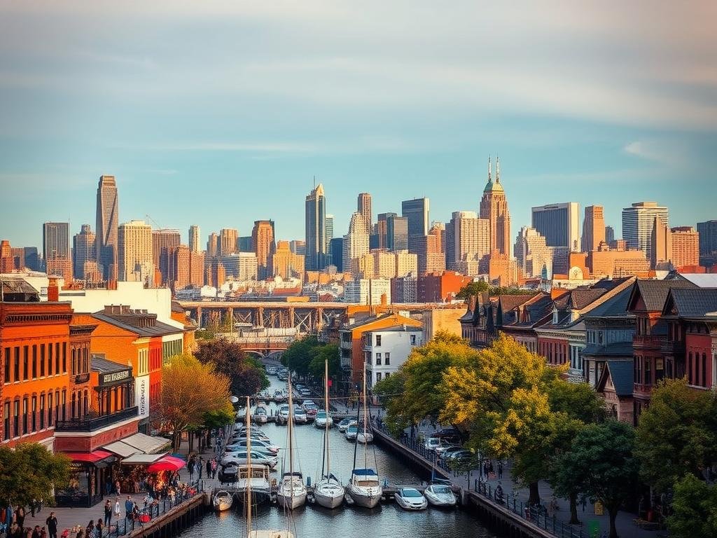 A vibrant cityscape of Brooklyn's thriving neighborhoods. In the foreground, the bustling Columbia Street Waterfront District, with its lively cafes, boutiques, and a marina bustling with activity. In the middle ground, the charming row houses and tree-lined streets of Boerum Hill, exuding a sense of quaint elegance. In the background, the iconic skyline of DUMBO (Down Under the Manhattan Bridge Overpass), with its striking industrial architecture and sweeping views of the East River and Manhattan. The scene is bathed in warm, golden-hour light, creating a dreamlike, energetic atmosphere that captures the momentum and vitality of these desirable Brooklyn neighborhoods. A vibrant cityscape of Brooklyn's thriving neighborhoods. In the foreground, the bustling Columbia Street Waterfront District, with its lively cafes, boutiques, and a marina bustling with activity. In the middle ground, the charming row houses and tree-lined streets of Boerum Hill, exuding a sense of quaint elegance. In the background, the iconic skyline of DUMBO (Down Under the Manhattan Bridge Overpass), with its striking industrial architecture and sweeping views of the East River and Manhattan. The scene is bathed in warm, golden-hour light, creating a dreamlike, energetic atmosphere that captures the momentum and vitality of these desirable Brooklyn neighborhoods.