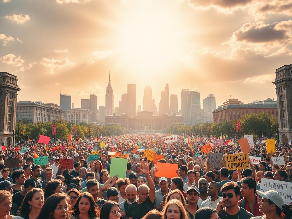 A vibrant crowd gathers in a bustling city square, united by a shared sense of purpose. In the foreground, diverse community members stand shoulder-to-shoulder, their expressions filled with determination and passion. The middle ground showcases a sea of colorful banners and placards, each representing a unique voice and perspective. In the background, a majestic skyline frames the scene, casting a warm, golden glow over the gathering. Rays of sunlight filter through, illuminating the energy and collective spirit of the grassroots movement. The composition evokes a powerful sense of unity, collaboration, and the transformative potential of community-driven change.