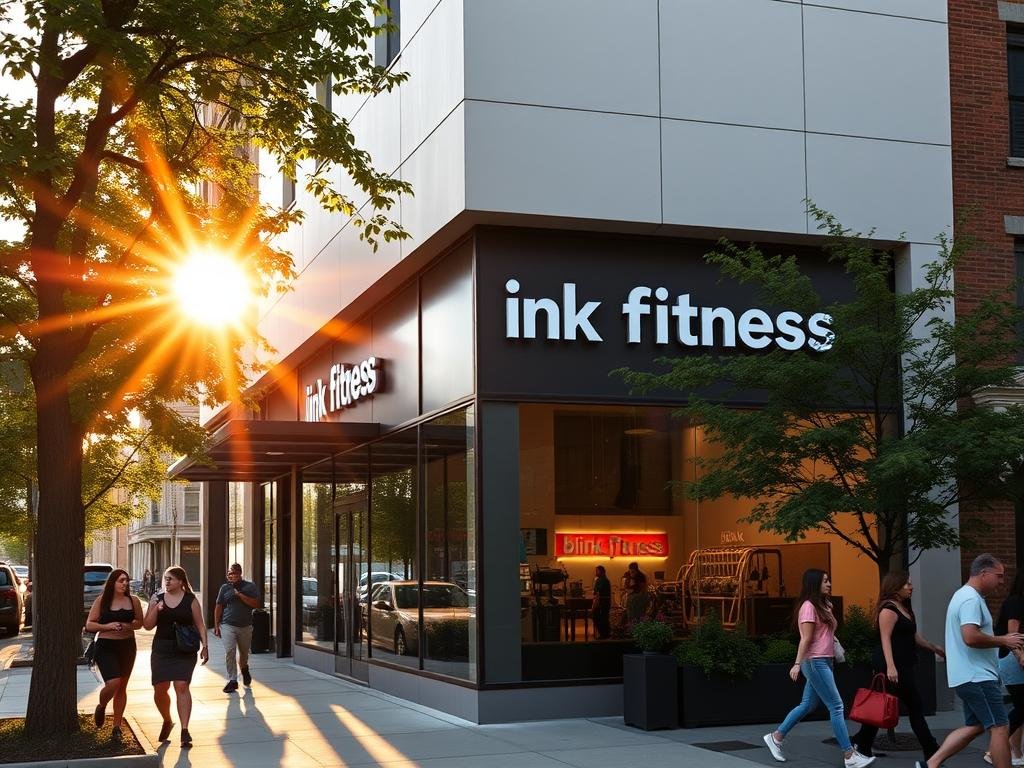 A vibrant exterior view of Blink Fitness in Sunset Park, Brooklyn, bathed in the warm glow of a setting sun. The modern, minimalist facade is framed by lush greenery and a bustling urban sidewalk. Pedestrians stroll by, creating a sense of energy and community. The large windows offer a glimpse of the gym's well-equipped interior, hinting at the fitness opportunities available to local members. Soft, golden light filters through the glass, casting a serene, welcoming atmosphere. The scene captures the essence of Blink Fitness as a hub for health and wellness in the Sunset Park neighborhood.