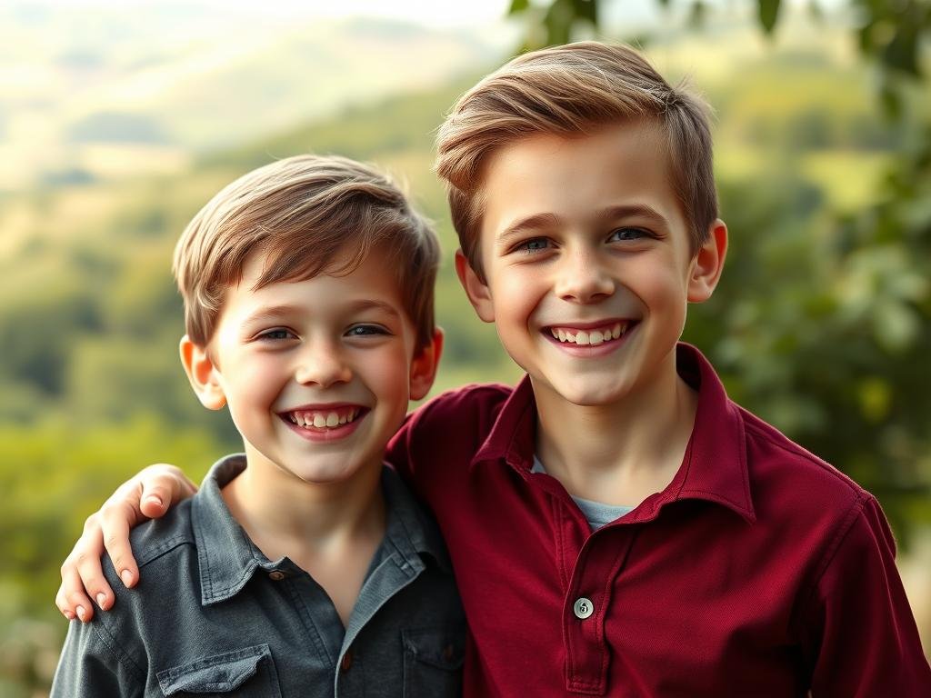 A vibrant, high-resolution portrait of Eric Trump's children, Luke and Carolina, in a warm, natural setting. The siblings are shown standing together, smiling brightly, their expressions conveying a sense of joy and family. Luke, the older brother, has a friendly, confident demeanor, while Carolina, the younger sibling, appears playful and endearing. Soft, diffused lighting bathes the scene, creating a gentle, inviting atmosphere. The background features a lush, verdant landscape, adding depth and contextual cues to the image. The overall composition is well-balanced, drawing the viewer's attention to the subjects while providing a visually appealing and engaging scene.