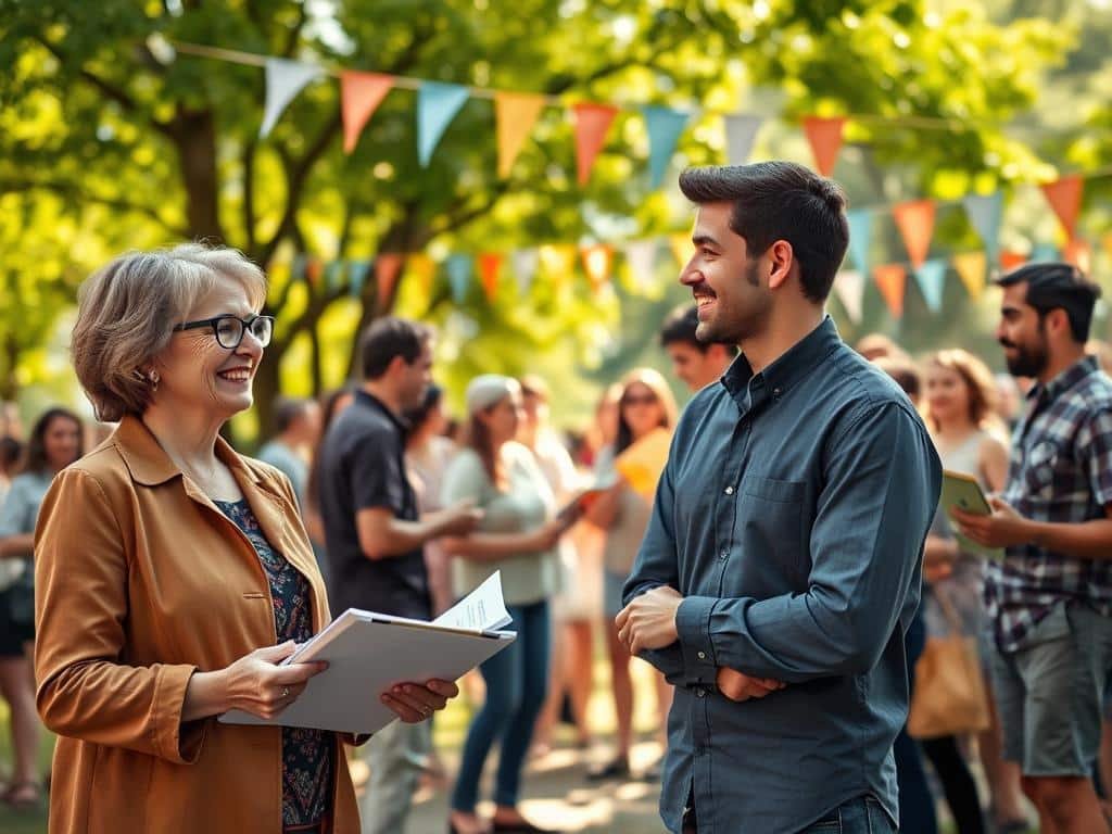 A vibrant neighborhood scene depicting a diverse group of neighbors gathering together in a park setting to organize support for a local family. In the foreground, a middle-aged woman with glasses, dressed in a smart casual outfit, is holding a clipboard while engaging with a young man in a neat, button-up shirt, both smiling and exchanging ideas. In the middle ground, a diverse group of people of various ages and ethnic backgrounds are chatting animatedly, some holding handmade signs and pamphlets. The background features lush green trees and colorful banners hanging from branches, suggesting a community event. Soft, warm lighting creates an inviting atmosphere during a sunny afternoon, with a wide-angle view to enhance the sense of camaraderie and support among the neighbors.