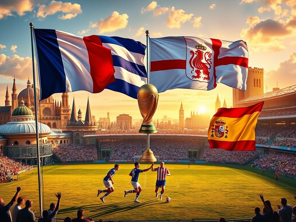 A vibrant, panoramic landscape depicting the flags of France, Uruguay, England, and Spain, symbolizing their shared legacy as multiple-time FIFA World Cup champions. The flags are prominently displayed in the foreground, waving proudly against a backdrop of iconic landmarks and stadiums from each nation's football history. The scene is bathed in a warm, golden light, creating a celebratory atmosphere. In the middle ground, players in vintage uniforms from different eras engage in a spirited match, while the background features a collage of past World Cup trophies, iconic moments, and adoring fans. The overall composition conveys a sense of unity, triumph, and the enduring spirit of international football.
