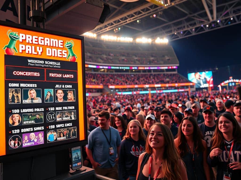 A vibrant scene capturing the excitement of a Pregame and weekend schedule for a major sports event. In the foreground, a colorful digital display showcases a lineup of concerts and companion events, featuring lively graphics of musicians and performance schedules. The middle ground features an enthusiastic crowd, each person dressed in casual sports attire, smiling and enjoying the atmosphere. The background displays a festive stadium, decorated with lights and banners, indicating the scale of the weekend’s activities. The setting is illuminated by warm, inviting lights, creating a lively and celebratory mood, reminiscent of a festival. The angle is slightly elevated, allowing for a panoramic view of this bustling scene, emphasizing the connection between sports and entertainment.