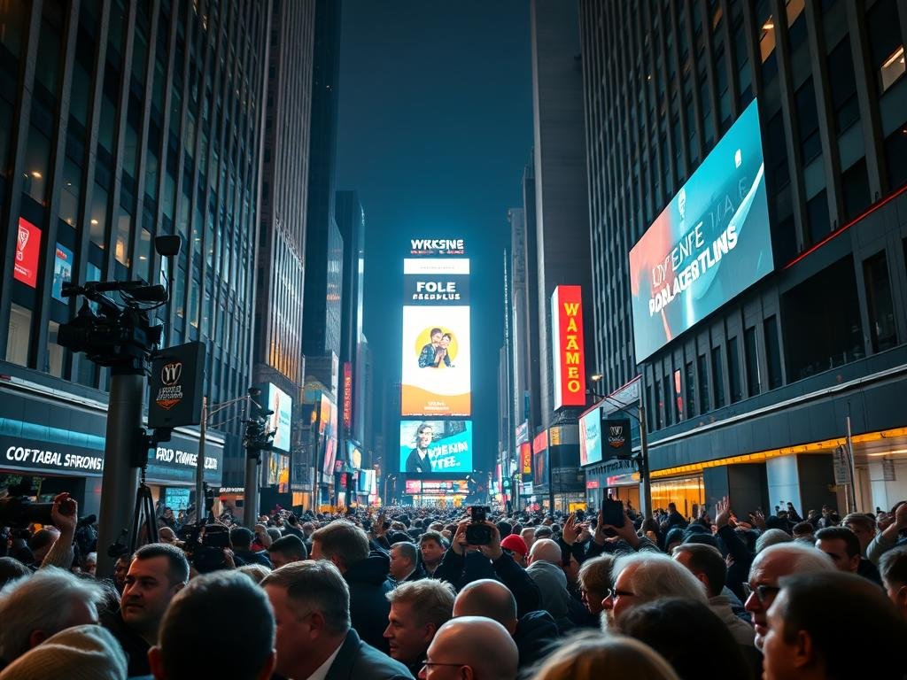 A vibrant scene of public reaction and media coverage unfolds against a backdrop of city streets. In the foreground, a crowd of people animatedly discuss the news, their expressions ranging from outrage to intrigue. Cameras and microphones capture the energy, as journalists and news crews document the unfolding events. In the middle ground, towering headlines and news chyrons flash across large digital displays, commanding attention. The lighting is dramatic, with bold contrasts and a sense of urgency. The overall atmosphere conveys the weight and immediacy of the situation, inviting the viewer to feel the intensity of the public discourse.
