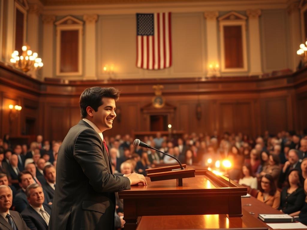 A vibrant scene on the Senate floor, with Vivek Vance, the son of Senator JD Vance, standing at the podium. Vivek, a young man with an engaging smile, is addressing the chamber, surrounded by a sea of attentive legislators. The warm lighting casts a golden glow, highlighting the pride and excitement on Vivek's face as he celebrates his birthday with a heartfelt shout-out. In the background, the grand architecture of the Senate chamber provides a majestic backdrop, while the American flag hangs proudly, symbolizing the significance of this moment. The composition captures the energy and emotion of a special family celebration unfolding within the halls of power.