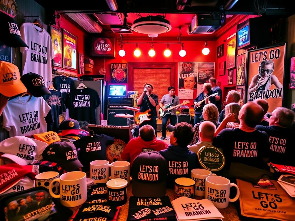 A vibrant scene showcasing the cultural impact of the "Let's Go Brandon" phrase. In the foreground, a diverse collection of merchandise featuring the slogan - t-shirts, hats, mugs, and more, arranged artfully. In the middle ground, a band performing on a small stage, the lead vocalist belting out the now-iconic chant, the crowd enthusiastically joining in. The background depicts a lively music venue, with neon signs, concert posters, and an energetic atmosphere. Warm lighting bathes the entire scene, creating a sense of excitement and celebration. The image captures the grassroots popularity and widespread adoption of the "Let's Go Brandon" movement across various mediums and subcultures.