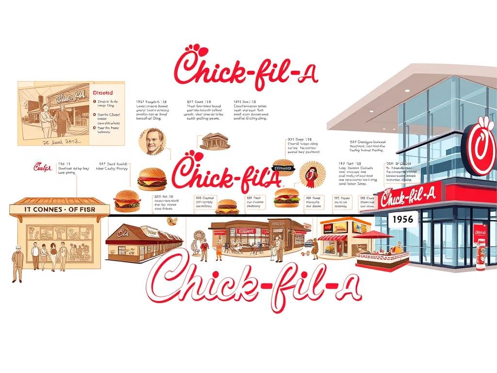 A vibrant timeline illustration depicting the evolution of Chick-fil-A from its 1946 origins to its modern status as a leading quick-service restaurant (QSR) brand. In the foreground, a series of sepia-toned vintage photographs and illustrations document the early years, including the original Dwarf House diner and the first Chick-fil-A restaurant opening. The middle ground showcases the brand's steady growth, with a collage of iconic restaurant designs, product innovations, and key milestone events. In the background, a sleek, contemporary QSR setting frames the timeline, complete with gleaming glass facades, stylized typography, and a vibrant color palette, reflecting Chick-fil-A's current position as a polished, industry-leading fast-food powerhouse. The overall composition conveys a sense of progress, innovation, and the brand's enduring legacy.