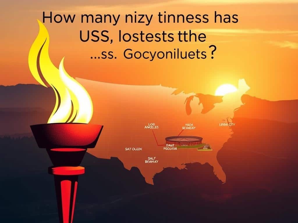 A visually engaging composition illustrating the theme "How many times has the US hosted the Olympics?" In the foreground, a stylized, vintage-style Olympic torch burns brightly, symbolizing the spirit of the games. The middle ground displays a map of the United States, highlighting major cities—Los Angeles, Atlanta, and Salt Lake City—with iconic sports venues subtly blended into the landscape. In the background, a beautiful sunset casts warm, golden lighting over the scene, creating a sense of nostalgia and pride. The overall atmosphere should feel celebratory and historical, capturing the essence of Olympic spirit without any human figures. The image should be rich in detail and color, reflecting both the past and the significance of the events.