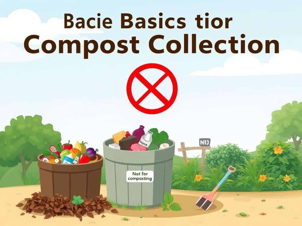 A visually engaging illustration depicting the basics of compost collection. In the foreground, a neat compost bin filled with vibrant, biodegradable materials like fruit scraps, vegetable peels, and dry leaves. Surrounding it, a contrasting pile of forbidden items such as plastic bags, meat, and dairy products, clearly marked as 'not for composting'. In the middle ground, a few gardening tools and a healthy garden with lush greenery, showcasing a sustainable environment. The background features a blue sky with softly drifting clouds, suggesting a sunny day. Soft, natural lighting casts gentle shadows, creating a warm, inviting atmosphere. The overall mood should evoke a sense of responsibility and awareness regarding composting practices. No text or additional elements to maintain focus on the composting theme. A visually engaging illustration depicting the basics of compost collection. In the foreground, a neat compost bin filled with vibrant, biodegradable materials like fruit scraps, vegetable peels, and dry leaves. Surrounding it, a contrasting pile of forbidden items such as plastic bags, meat, and dairy products, clearly marked as 'not for composting'. In the middle ground, a few gardening tools and a healthy garden with lush greenery, showcasing a sustainable environment. The background features a blue sky with softly drifting clouds, suggesting a sunny day. Soft, natural lighting casts gentle shadows, creating a warm, inviting atmosphere. The overall mood should evoke a sense of responsibility and awareness regarding composting practices. No text or additional elements to maintain focus on the composting theme.