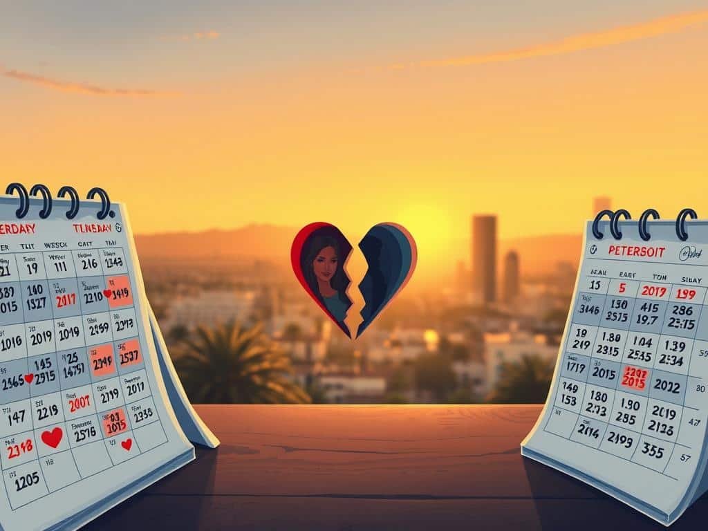 A visually engaging illustration to represent the subject of Kim Kardashian and Pete Davidson's breakup timeline. In the foreground, depict a collection of calendar pages, each marked with significant dates in bold colors, such as red for breakup dates and blue for memorable moments, surrounded by evocative images like broken hearts or clocks. The middle ground features an abstract representation of a shattered heart, symbolizing their relationship's end. In the background, create a soft-focus cityscape at sunset, representing their Los Angeles lifestyle. Incorporate warm, golden hues to evoke nostalgia and a sense of reflection. Ensure the overall atmosphere conveys both a sense of closure and intrigue, with gentle, diffused lighting to create a thoughtful mood.