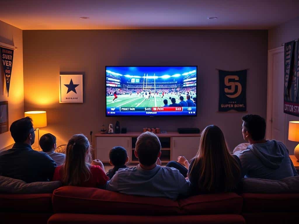 A visually engaging scene depicting a cozy living room during Super Bowl Sunday. In the foreground, a group of diverse friends, dressed in casual sports attire, sitting on a comfortable couch, intently watching a large flat-screen TV. The middle ground features the TV displaying vibrant images of the Super Bowl broadcast, with dual screens showing both the national TV channel and a Spanish-language broadcast. Soft, warm lighting fills the room, creating an inviting atmosphere. In the background, decorations such as team banners and snack-filled coffee tables enhance the festive mood. The room is slightly dim, focusing viewers' attention on the exciting game while embodying the camaraderie of friends enjoying the event together.