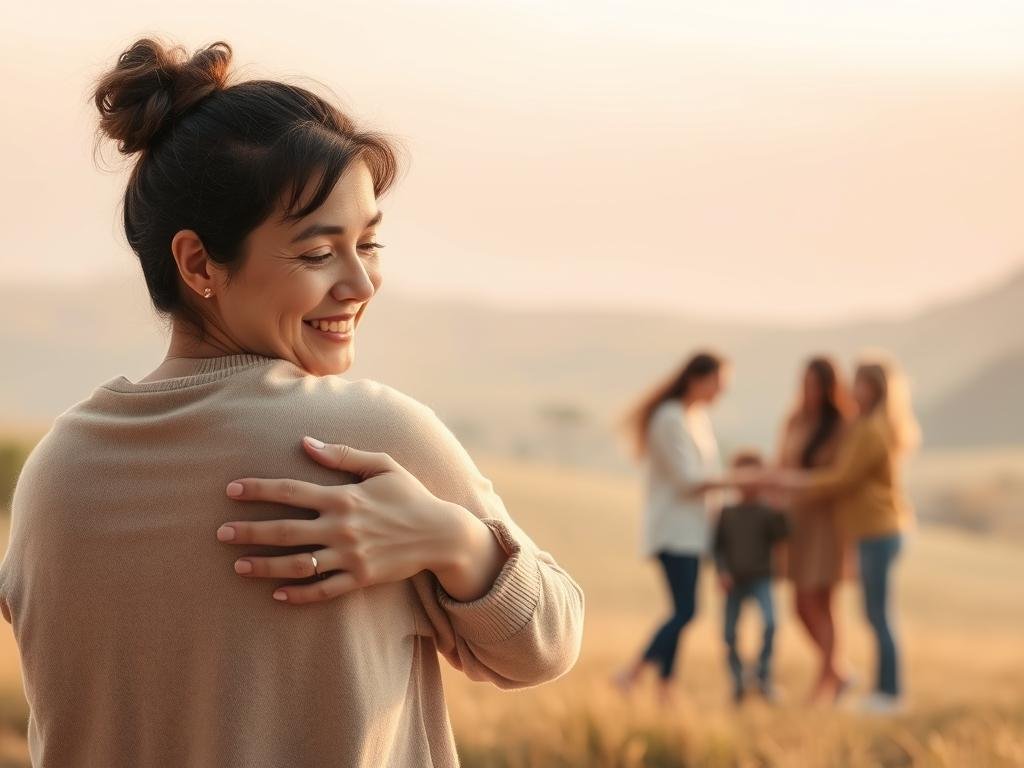 A warm, compassionate scene depicting safety, support, and next steps for viewers. In the foreground, a supportive figure offers a comforting embrace, their expression radiating empathy. In the middle ground, an inclusive group gathers, holding hands and offering solace. The background shows a serene, calming landscape with soft, diffused lighting, conveying a sense of security and tranquility. Subtle, pastel color tones create an atmosphere of care and understanding. The composition emphasizes connection, healing, and the promise of moving forward with resilience.