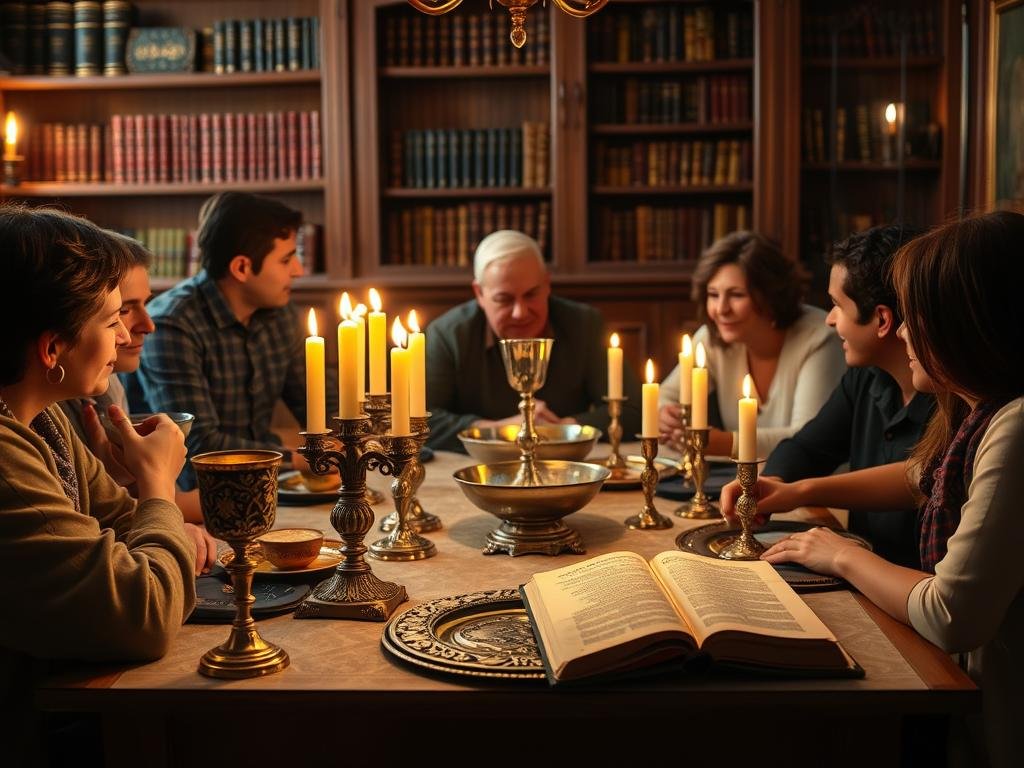 A warm, cozy scene of a traditional Jewish Passover Seder table, lit by the soft glow of candles and filled with symbolic Seder plate items. In the foreground, a family gathers around the table, engaged in animated conversation and the rituals of the evening. In the middle ground, ornate Judaica objects like a Kiddush cup, a Seder plate, and a Haggadah book are prominently displayed. The background features a rich, wooden interior with shelves of books and subtle patterns, evoking the timeless traditions of the holiday. The overall atmosphere is one of reverence, community, and the passing down of generational customs.