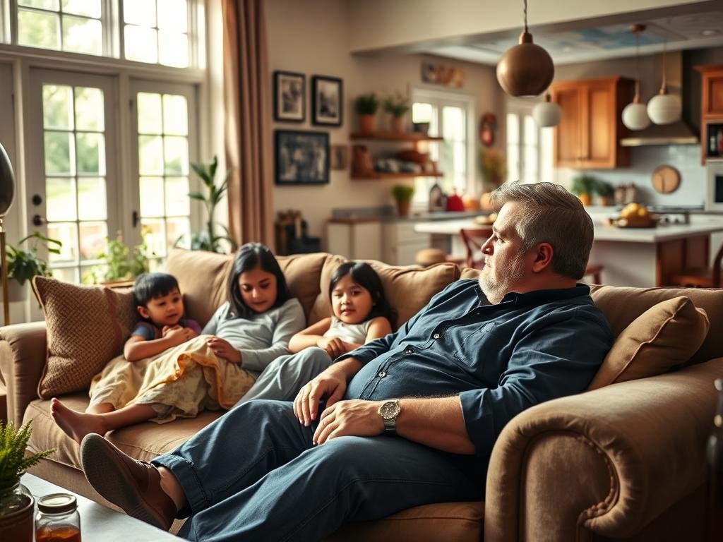 A warm, intimate scene of JD Vance and his family relaxing at home. In the foreground, Vance sits comfortably on a plush couch, engaged in a lively conversation with his wife Usha and their young children. Soft, natural lighting filters through large windows, creating a cozy, inviting atmosphere. The middle ground shows the family's living room, decorated with family photographs, potted plants, and other personal touches that reflect their close-knit dynamic. In the background, a glimpse of a well-appointed kitchen suggests a sense of domestic tranquility. The overall mood is one of genuine connection and family togetherness.