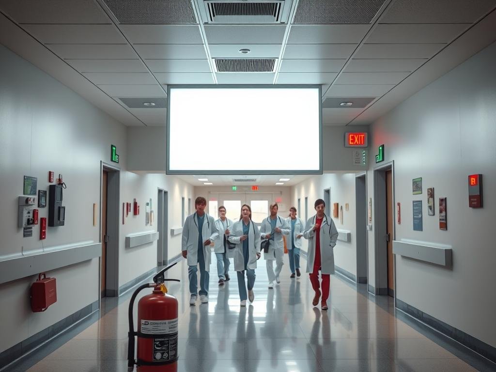 A well-lit hospital lobby, illuminated by the glow of a large, conspicuous fire alarm panel. The panel's various buttons, switches, and indicators stand out against a clean, minimalist interior design. In the foreground, a fire extinguisher and emergency exit signage add to the sense of safety and preparedness. Doctors, nurses, and patients move about in the middle ground, their expressions a mix of focus and concern. The overall atmosphere conveys the importance of understanding the purpose and proper use of fire alarms in the delicate environment of a medical facility, where misuse could have dire consequences.