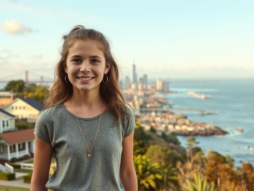 A young Mikie Sherrill stands against the backdrop of the East Coast, her formative years etched across picturesque landscapes. In the foreground, a quaint New Jersey suburb with well-manicured lawns and colonial-style homes. In the middle ground, the bustling city of New York, its towering skyscrapers and iconic bridges. And in the distance, the rugged coastline of Maine, where she spent summers exploring rocky shores and tranquil harbors. The lighting is soft and warm, casting a nostalgic glow over the scene. The image is captured through a wide-angle lens, conveying a sense of Mikie's expansive upbringing and the diverse environments that shaped her early life. The overall mood is one of reflection, growth, and the shaping of a future leader.