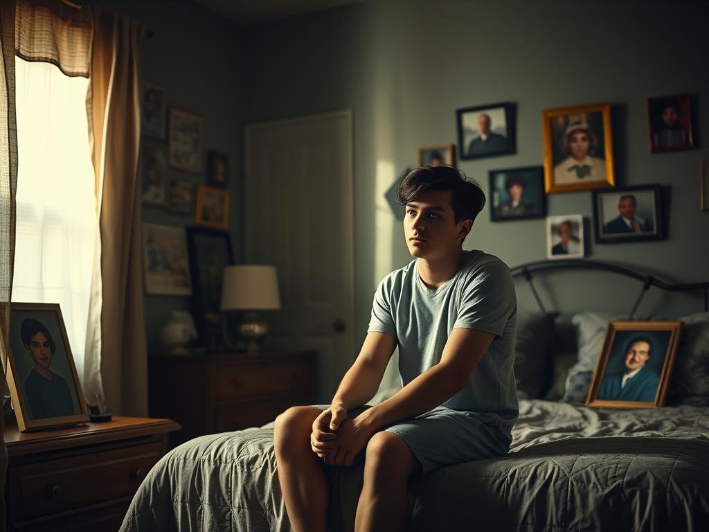 A young man in a dimly lit Queens apartment, the walls adorned with family photos, sits pensively on the edge of his bed. His gaze is focused, determined, a glimmer of hope in his eyes as he makes a solemn promise to his mother's portrait on the nightstand. The room is suffused with a warm, nostalgic glow, hinting at the challenges and dreams that fuel his ambition. Soft natural light filters through the window, casting subtle shadows that accentuate the contemplative atmosphere. This is the backdrop for a story of a young man driven by the promise of a better life, shaped by the nurturing but humble upbringing of his Queens neighborhood.