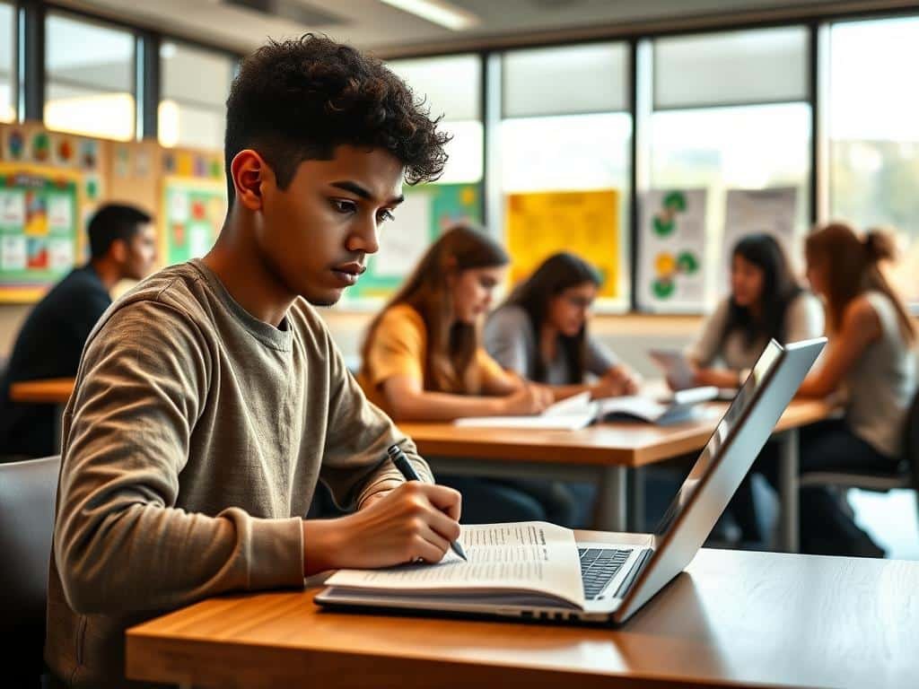 A young student in a modern classroom setting, focused and engaged in learning, sitting at a sleek wooden desk with books and a laptop open. The foreground highlights the student's intent expression as he writes notes about his education journey. In the middle, a diverse group of classmates collaborates on a project, showcasing teamwork and academic growth. The background features large windows letting in warm, natural light, illuminating colorful educational posters on the walls. The room is well-organized and decorated to inspire creativity and learning. The atmosphere is lively yet studious, reflecting the positive energy of a young scholar's environment. The image captures a pivotal moment in education from New York to Florida and the prestigious NYU, emphasizing ambition and a bright future.