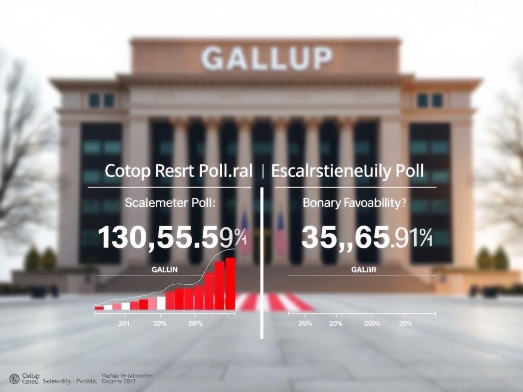 An authoritative-looking visual representation of the Gallup presidential polls, showcasing the "scalometer" and binary favorability measures side by side. In the foreground, a meticulously detailed and sleek infographic displays the comparative data, with clean typography and carefully chosen color palettes. The middle ground features a subtly blurred backdrop of the iconic Gallup headquarters, conveying a sense of credibility and legitimacy. The background is a softly lit, neutral environment, allowing the infographic to take center stage. The overall mood is one of analytical precision and data-driven insight, reflecting the seriousness and importance of the Gallup polling process.