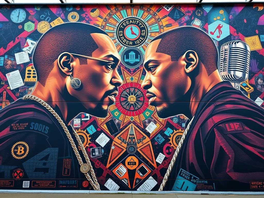 An elaborate mural depicting a complex web of symbols and icons representing the music industry power dynamics. The foreground features larger-than-life figures of Sean "Diddy" Combs and Jay-Z, their gazes locked in an intense exchange, suggesting a struggle for influence and control. The middle ground is adorned with abstract shapes and patterns that evoke financial ledgers, stock tickers, and coded messages, hinting at the intricate alliances and gatekeeping that shape the industry. The background is a kaleidoscope of vibrant colors and distorted imagery, evoking the chaotic, "wacced out" nature of the industry. The entire scene is bathed in an ominous, dramatic lighting that amplifies the sense of high-stakes power dynamics at play.