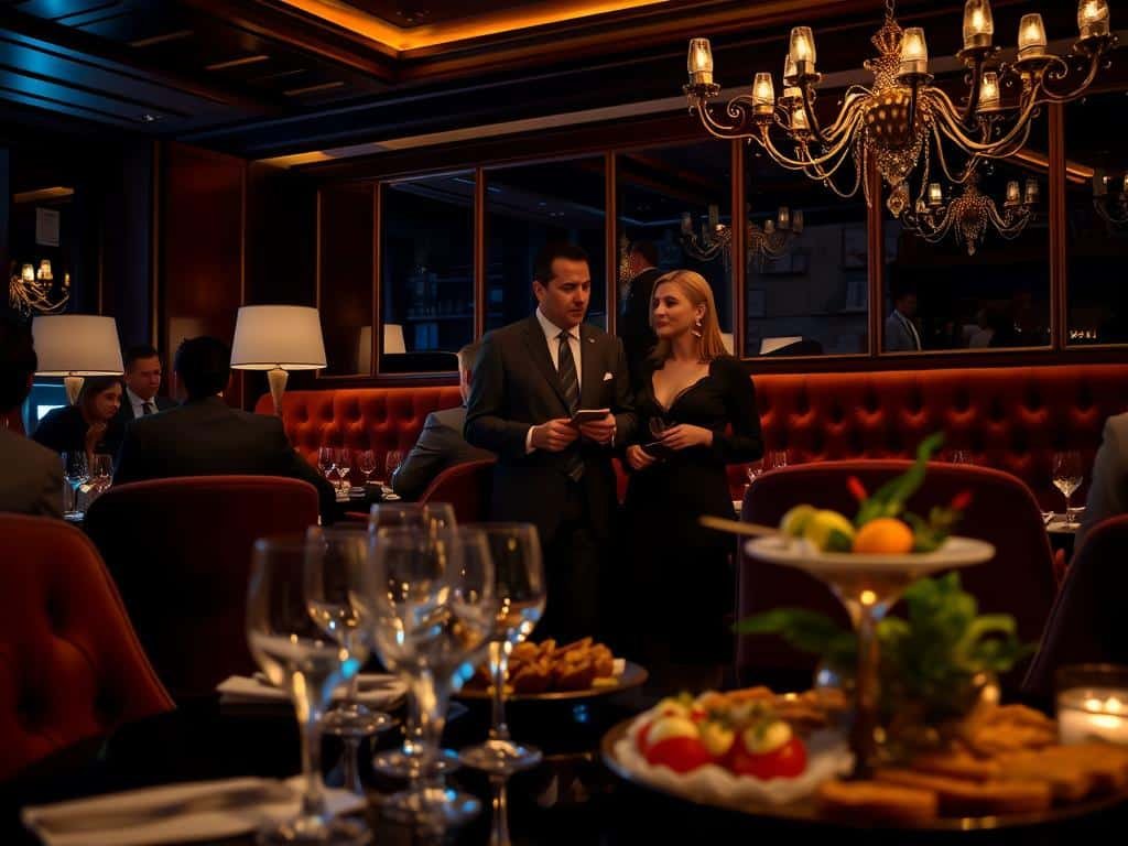 An elegant, low-lit lounge setting, showcasing a luxurious atmosphere reminiscent of high-end establishments. In the foreground, a tastefully decorated table with crystal glassware and a variety of sophisticated appetizers, surrounded by professionally dressed individuals engaged in discreet conversation. In the middle ground, two figures in tailored suits, a man and a woman, are discussing quietly, their expressions serious yet relaxed, indicative of a privileged lifestyle. The background features plush velvet seating and ornate decor, softly illuminated by ambient lighting creating an air of exclusivity and intrigue. The mood is upscale and secretive, capturing the essence of a discreet, high-profile environment without any explicit or suggestive content. The angle is slightly elevated, providing a broader view of the scene while maintaining an intimate feel.