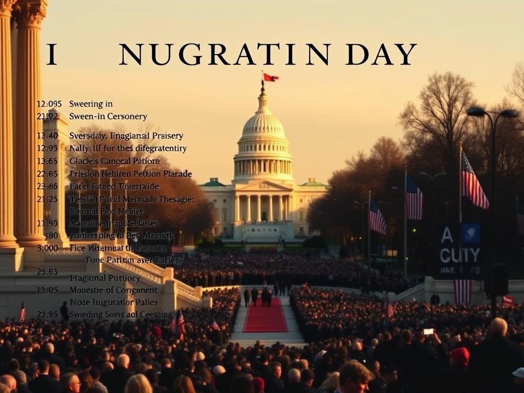 An expansive, high-resolution image showcasing the Inauguration Day schedule, with a crisp, formal atmosphere. In the foreground, a meticulously detailed schedule of morning events, from the swearing-in ceremony to the inaugural parade, rendered in a clean, elegant typeface. The middle ground depicts the stately, columned architecture of the Capitol building, bathed in warm, soft lighting that casts long shadows. In the background, the National Mall comes into view, with crowds of people lining the streets, anticipation and patriotism palpable in the air. The overall composition conveys the gravity and significance of this historic American tradition.