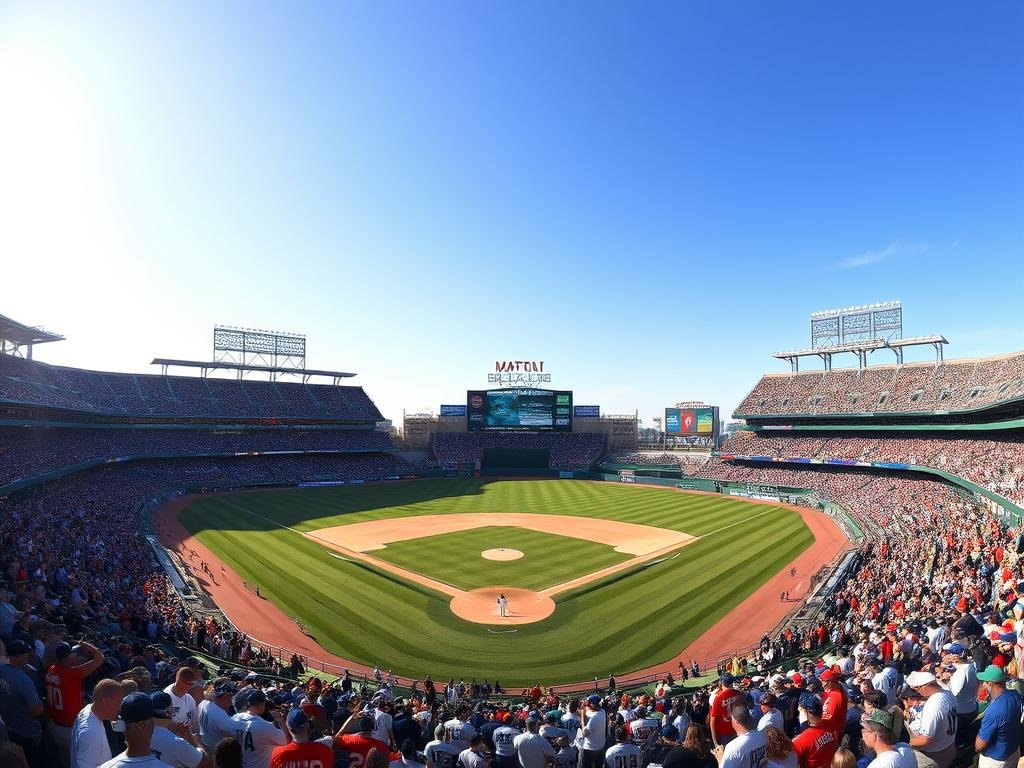 An expansive stadium under a clear, azure sky, basking in the warm glow of afternoon sunlight. In the foreground, a bustling crowd of fans in team jerseys, their excitement palpable as they file into the grand entrance. In the middle ground, the manicured playing field takes center stage, the fresh white lines and emerald grass a canvas for the impending clash of titans. In the background, the towering grandstands and iconic architectural features of the ballpark rise up, creating a sense of anticipation and grandeur. A panoramic view capturing the energy, tradition, and spectacle of Major League Baseball's Opening Day.