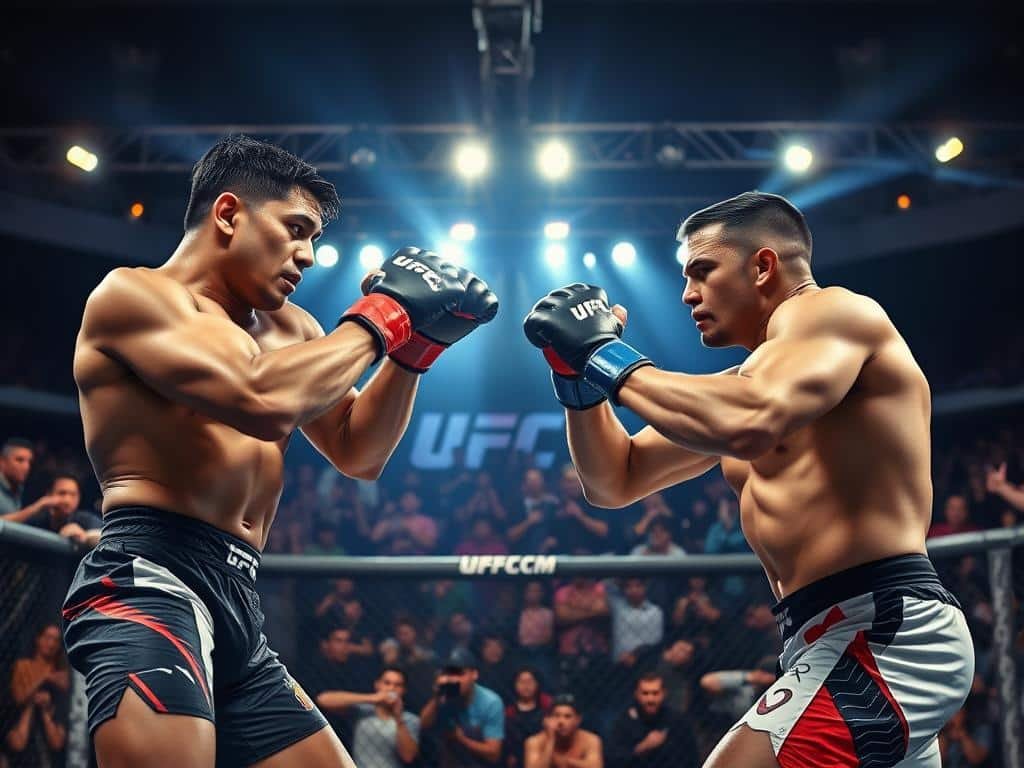 An intense and dramatic scene capturing the essence of a high-stakes UFC fight night. In the foreground, two professional fighters, each wearing their respective fight gear, are locked in a fierce exchange of strikes. The fighter on the left, a well-built athlete with short black hair and a focused expression, is delivering a powerful punch. The fighter on the right, with a muscular physique and a determined look, is in a defensive stance. In the middle ground, the Octagonal cage creates an electrifying atmosphere, surrounded by cheering fans in various colorful attire. The background features dynamic lighting with bright spotlights illuminating the fighters, capturing the energy of the arena. The mood is charged and triumphant, reflecting the high energy of a championship fight night.