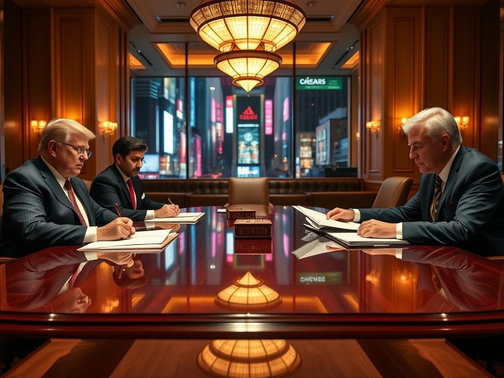 An interior corporate meeting room at the heart of Times Square, lit by warm, focused lighting. At the head of a polished mahogany table sit the key players behind the proposed Caesars Palace casino: a media mogul, a real estate tycoon, and a well-connected politician, deep in discussion. Their expressions are serious, yet determined, as they pore over detailed plans and presentations. The room exudes an air of power and influence, hinting at the high-stakes negotiations shaping the future of this iconic New York landmark.